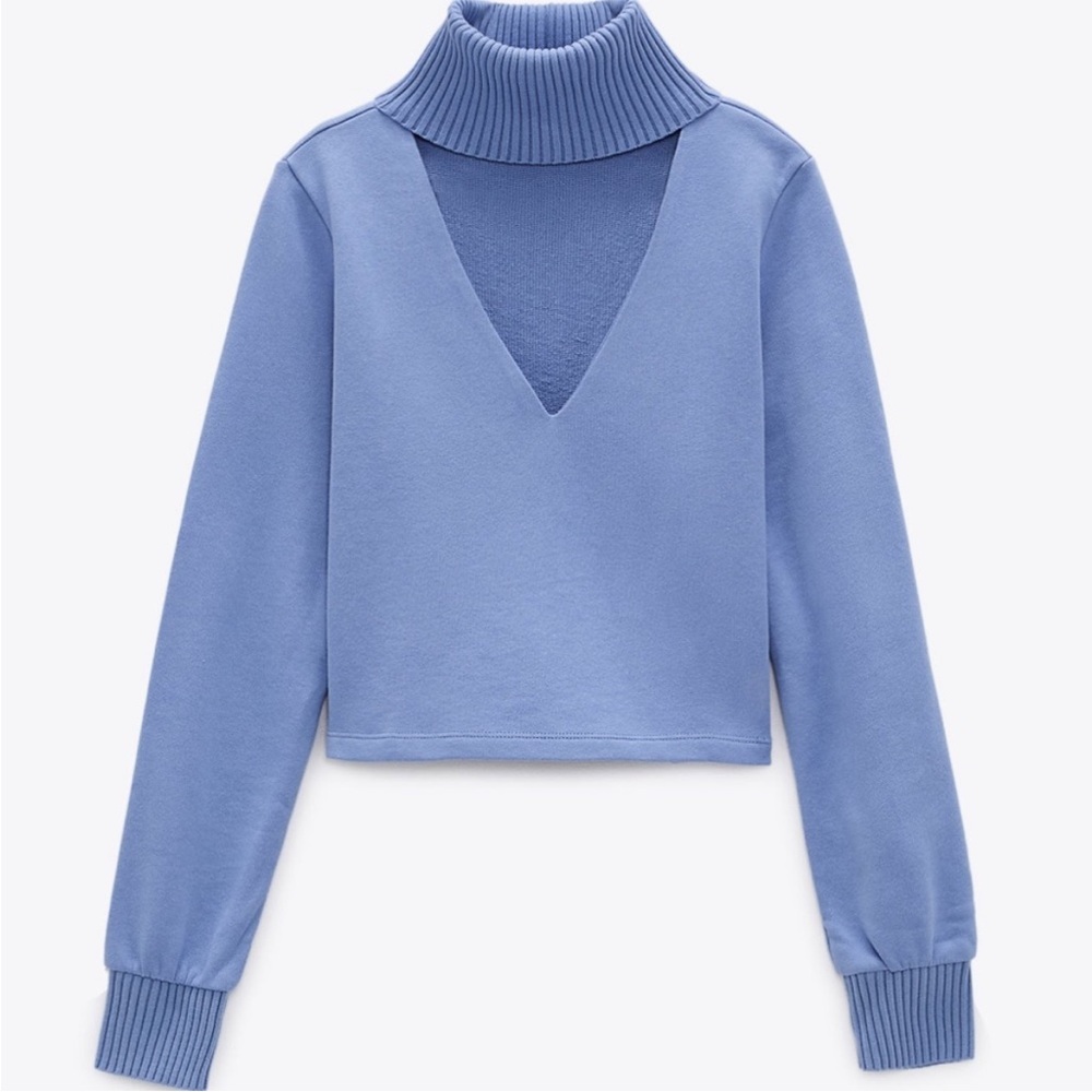 🫐 ZARA Cutout Ribbed Knit Turtleneck Collar Cropped Sweatshirt | S